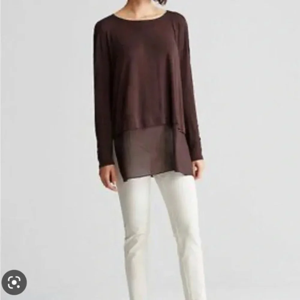 Eileen Fisher 100% Silk Sheer Hem Bateau Neck Tunic Top Brown XL - Picture 9 of 9
